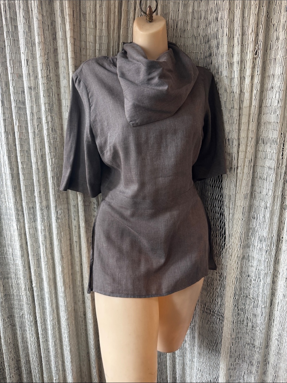 Born Taupe/clove colored Button-Front Peplum 1/2 Sleeve tunic - Picture 2 of 9